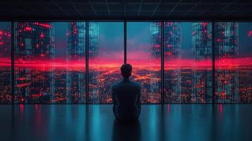 Woman walking through illuminated data center corridor with blue and orange lights photo