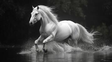 White horse gallops through shallow water in a forest during golden hour photo