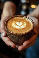 Beautiful latte art served in a teal ceramic cup with a heart design photo