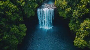 Stunning waterfall plunges into a calm blue pool amid lush tropical greenery photo