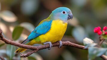Colorful parrot perched on a branch in a vibrant natural setting during daylight photo