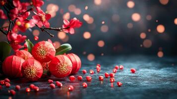 Celebration of spring with red decorative elements and cherry blossom branches in vibrant setting photo