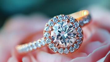 Elegant rose gold engagement ring with sparkling diamond centerpiece on soft pink flower petals photo