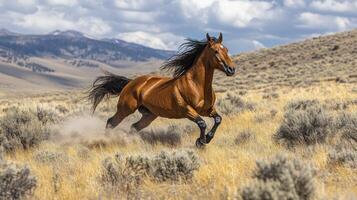 Majestic horse galloping across the open plains under a cloudy sky photo
