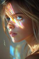 Close up of a young womans face illuminated by colorful light patterns during golden hour photo