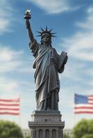 Statue of Liberty standing tall with flags waving in the background during a sunny day photo