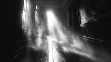Dark and eerie staircase in an abandoned building with a bright window above photo