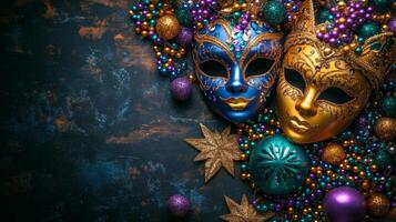 Colorful masks and festive decorations for a carnival celebration on wooden background photo