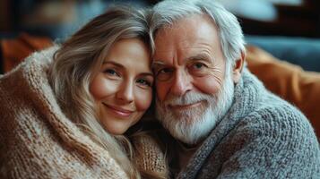 Cozy moment shared between two people wrapped in blankets indoors photo