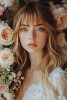 Portrait of a young woman surrounded by roses in a serene floral setting photo