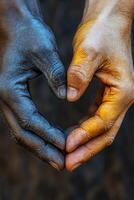 Hands of two people with different colored skin making a heart shape photo