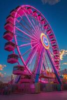 Colorful ferris wheel illuminated against a sunset sky at an amusement park photo