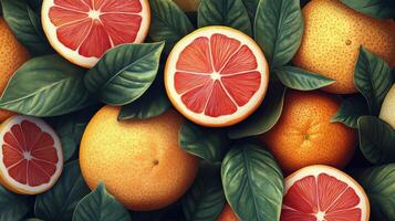 Fresh citrus fruits arranged artfully with vibrant colors and lush green leaves photo