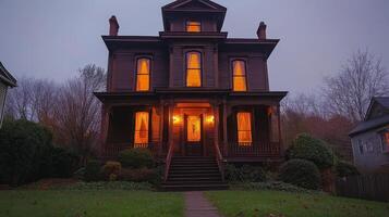 Victorian mansion glowing in twilight with surrounded gardens and autumn leaves photo