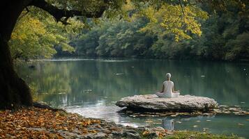 Meditation by the tranquil river surrounded by autumn trees and reflecting water photo