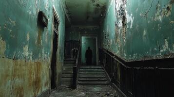 Dark and eerie staircase in an abandoned building with a bright window above photo