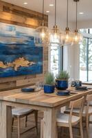 Cozy rustic dining area with natural decor and warm lighting in a serene setting photo