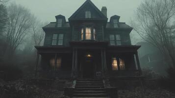 Victorian mansion glowing in twilight with surrounded gardens and autumn leaves photo