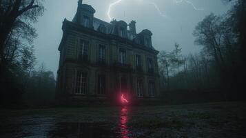 Dark stormy night at an old mansion illuminated by lightning in a gloomy atmosphere photo