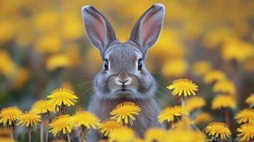 Rabbit surrounded by yellow dandelions in a vibrant spring meadow during daylight hours photo