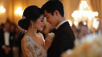 Romantic couple sharing a tender moment during an elegant wedding reception in soft lighting photo