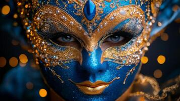 Mysterious figure in ornate mask with golden details and blue eyes during an evening celebration photo