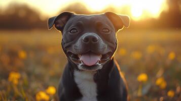 Happy dog resting in a blooming field during sunset in warm evening light photo