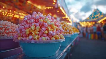 Colorful popcorn stands at a vibrant fair with festive lights during evening hours photo