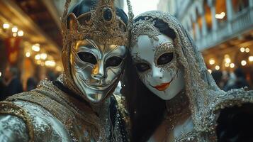 Masquerade couple shares a romantic moment during winter carnival in a charming city setting photo