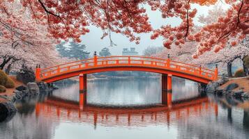 Cherry blossom trees surrounding a bright orange bridge over a tranquil pond in springtime photo