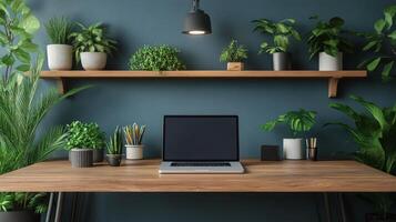 Lush indoor greenery surrounding a laptop on a vibrant blue workspace photo