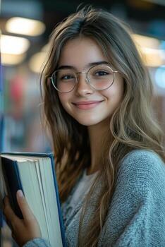 Young girl smiles while holding a book in a cozy library setting with soft lighting photo