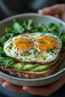 Delicious avocado toast topped with poached eggs served with fresh greens in a stylish setting photo
