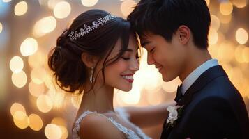 Smiling couple shares a romantic moment at a wedding reception under glowing lights photo