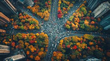 Busy city intersection illuminated by bright lights at night in urban landscape photo