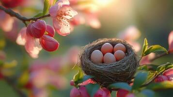 Nest of eggs surrounded by blooming flowers in a tranquil spring garden photo