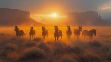 Majestic horses running freely across the golden landscape during sunset photo