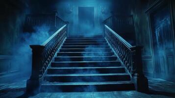 Dark stairway leads into mysterious blue haze in abandoned building at night photo