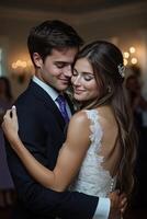 Couple shares romantic first dance at elegant wedding reception in luxurious venue photo