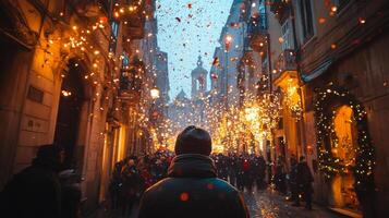Festive street celebration with lights and confetti in a vibrant urban setting photo