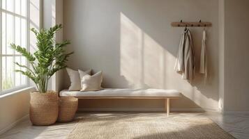 Minimalist interior design featuring wooden bench and framed art near large window photo