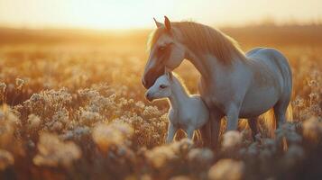 Majestic horse and foal in a golden field during sunset photo