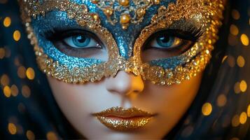 Mysterious figure in ornate mask with golden details and blue eyes during an evening celebration photo