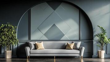 Stylish modern living room with gray sofa and abstract wall art in contemporary design photo