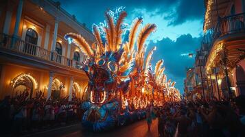 Vibrant festival parade with illuminated floats and colorful costumes in an urban setting photo