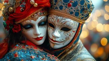 Masquerade couple shares a romantic moment during winter carnival in a charming city setting photo