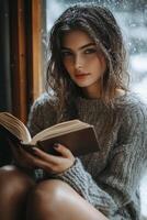 Young woman reading a book by the window during winter while snow falls gently outside photo