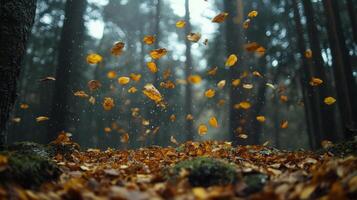 Colorful autumn leaves swirl in a tranquil forest setting during autumn photo