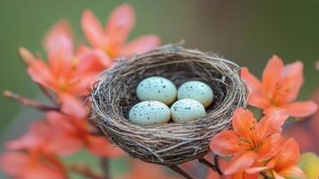 Nest of eggs surrounded by blooming flowers in a tranquil spring garden photo