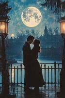 Couple embraces under a starry sky at twilight in a winter forest setting photo